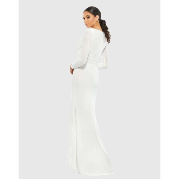 Mac Duggal Size 6 White 26554 Long Sleeve Wrap Jersey Slit Gown Dress Wedding - Picture 3 of 12